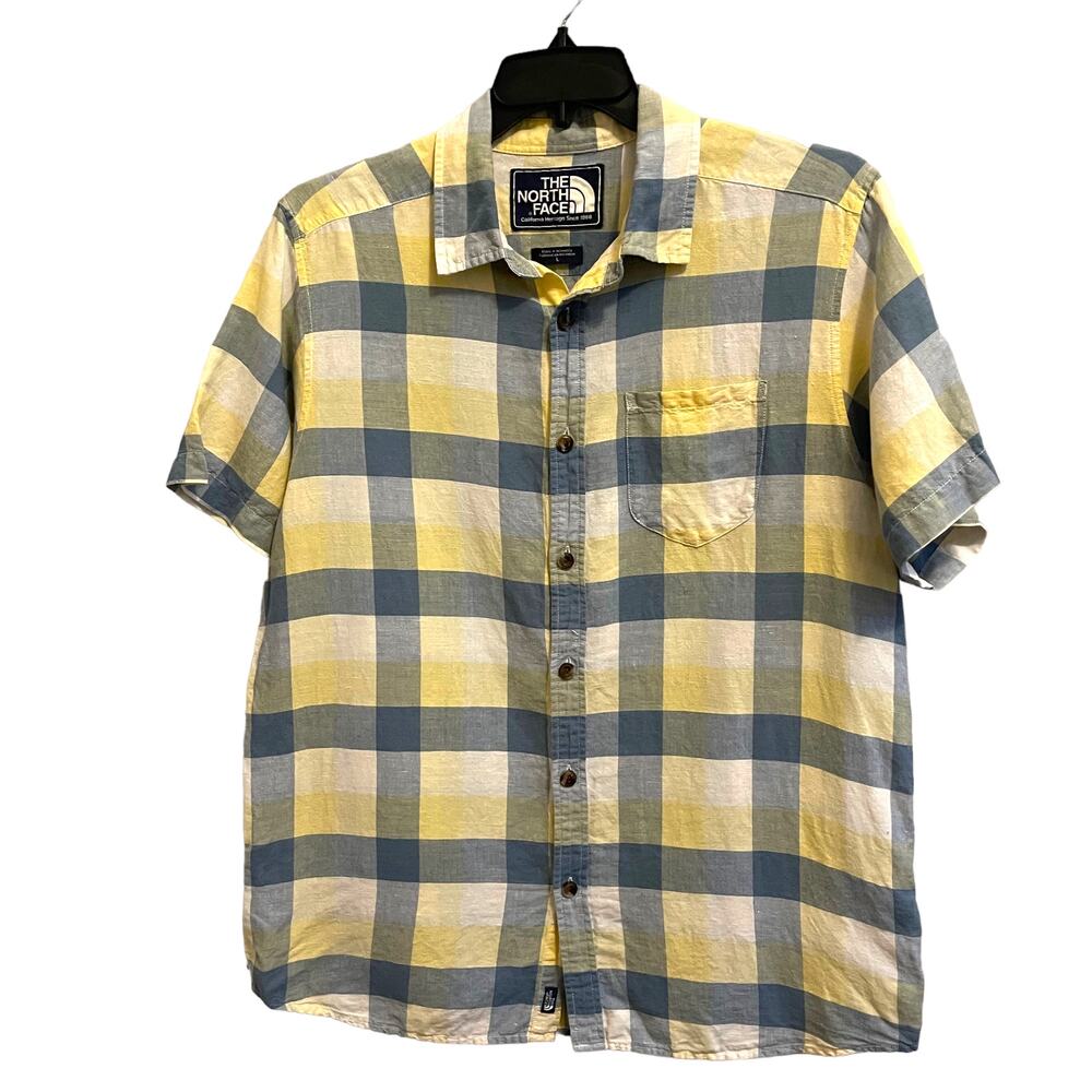 The North Face Men's Plaid Short Sleeve Button Up-Shirt Linen Blend Size Large
